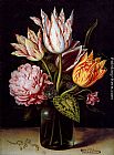 Ambrosius Bosschaert the Elder A Still Life With A Bouquet Of Tulips, A Rose, Clover And A Cylclamen In A Green Glass Bottle painting